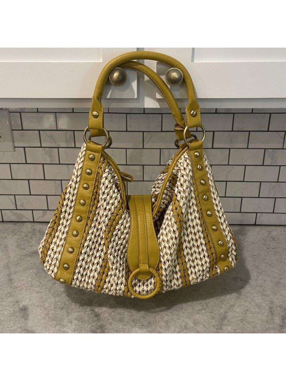 Nila Anthony Hobo Bag Womens Large Gold Striped Faux Leather Studded‎ Shoulder